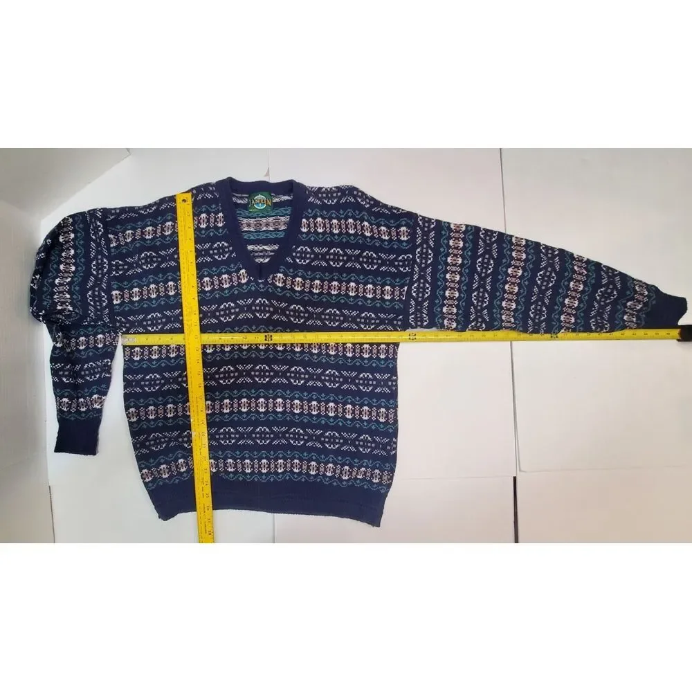 Vintage Jantzen XL V-neck Grandpa Sweater Blue‎ Green Geometric Print Y2k